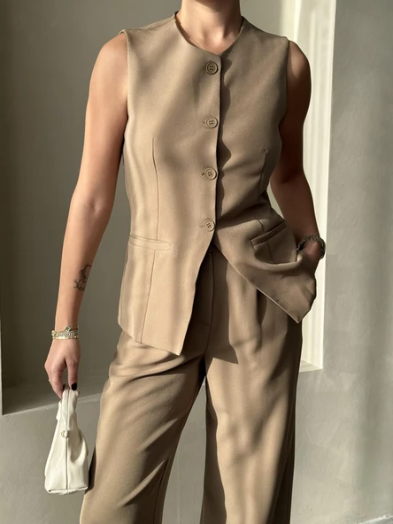 Haki Camille Klasik Düğmeli Yelek Pantolon Takım - 2