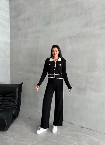 Siyah Classy Polo Yaka Kontrast Şeritli Triko Takım - 4