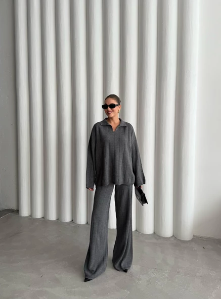 Antrasit Freya Polo Yaka Fitilli Triko Takım - Resim 7