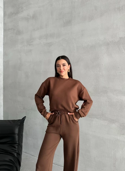Kahve Sweat Geniş Paçalı Pantolon Takım - Resim 9