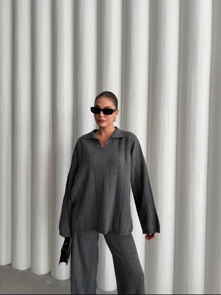 Antrasit Freya Polo Yaka Fitilli Triko Takım - Resim 10