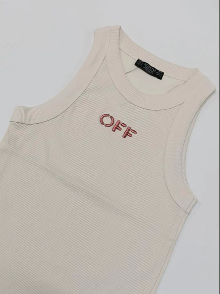 Ekru-Somon Halter Yaka Off Simli Nakışlı Atlet - 3
