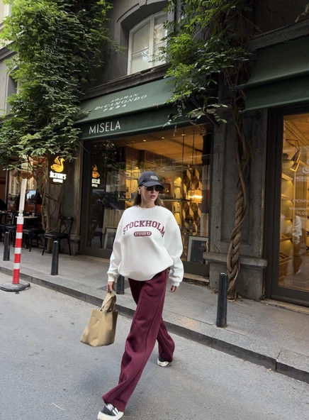 Ekru-Bordo Stockholm Baskılı Şardonlu Eşofman Takımı - 7