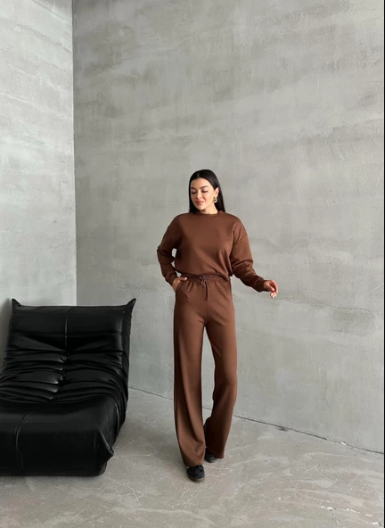 Kahve Sweat Geniş Paçalı Pantolon Takım - Resim 7