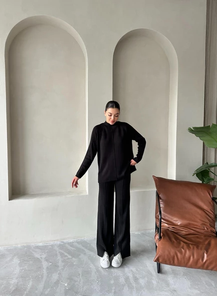 Siyah Clara Çimalı Pantolon Triko Takım - 7