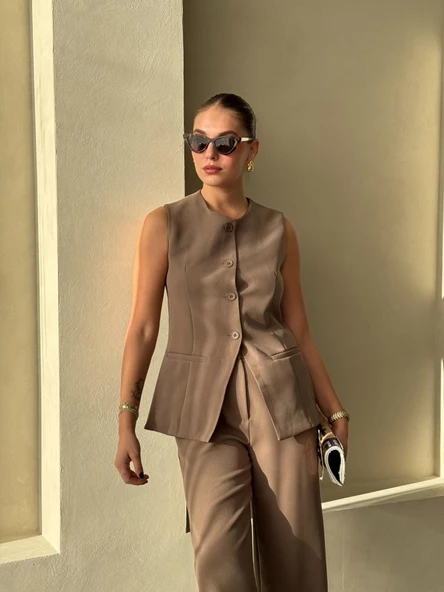 Koyu Kahve Camille Klasik Düğmeli Yelek Pantolon Takım - 4