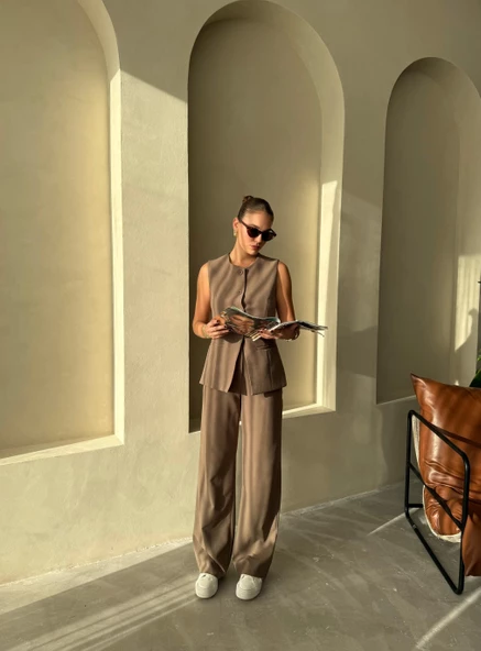 Koyu Kahve Camille Klasik Düğmeli Yelek Pantolon Takım - 9