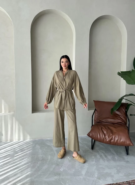 Haki Vanessa Bel Bağlı Balon Kol Takım - 7