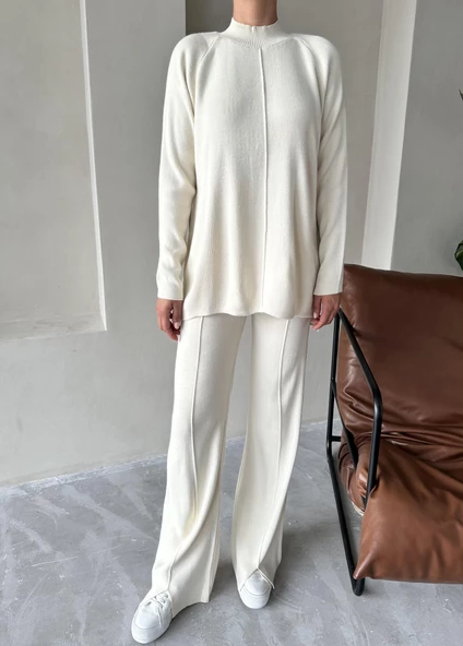 Krem Clara Çimalı Pantolon Triko Takım - 2