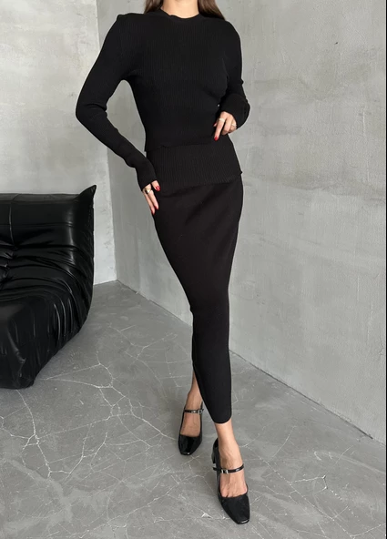 Siyah Slim Esnek Triko Eteklı Takım - Resim 2