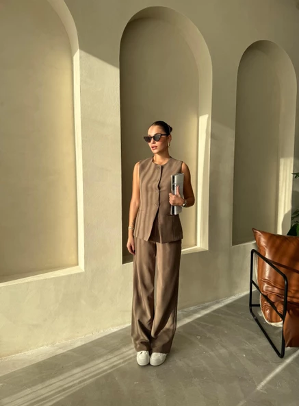 Koyu Kahve Camille Klasik Düğmeli Yelek Pantolon Takım - 8