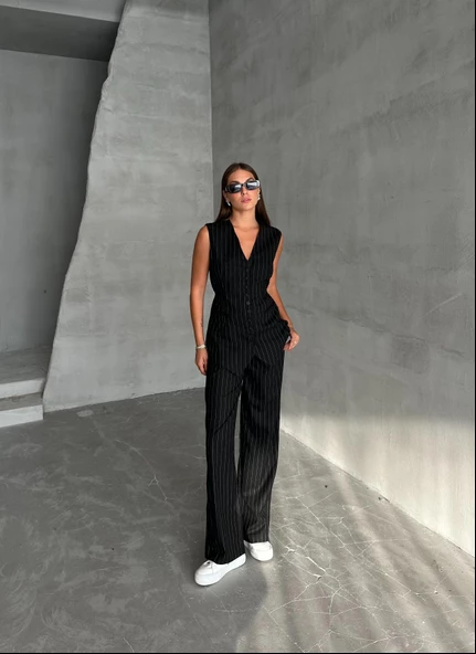 Siyah Çok Düğmeli Çizgili Premium Takım - Resim 7