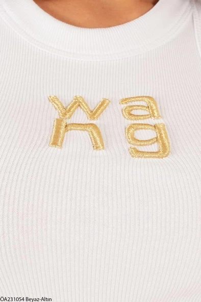 Beyaz-Gold Halter Yaka Wang Simli Nakışlı Nakış Atlet - 3