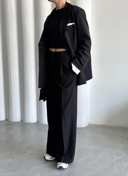 Siyah Gömlek Detaylı Blazer Ceket Pantolon Takım - 4