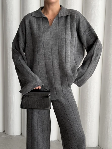 Antrasit Freya Polo Yaka Fitilli Triko Takım - Resim 4