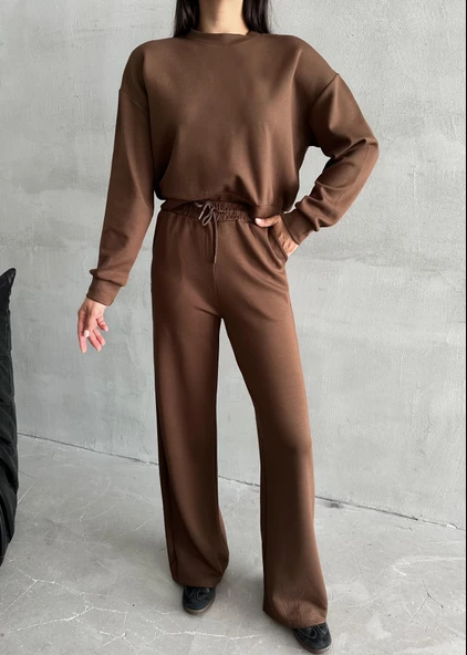 Kahve Sweat Geniş Paçalı Pantolon Takım - Resim 2