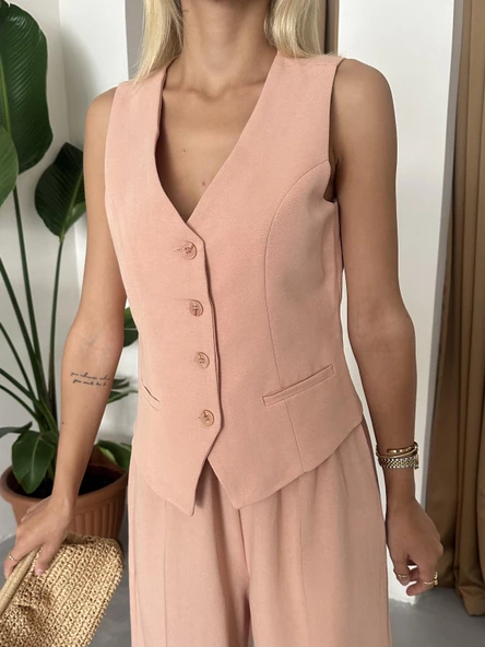 Somon %100 Pamuk Lavin Keten Yelek Pantolon Takım - Resim 2