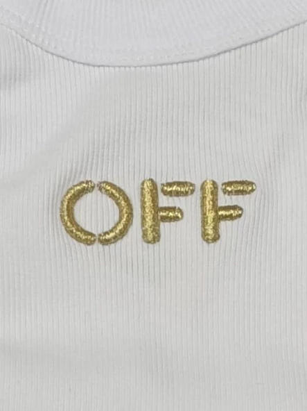 Beyaz-Gold Halter Yaka Off Simli Nakışlı Atlet - 4