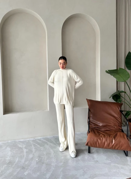 Krem Clara Çimalı Pantolon Triko Takım - 4