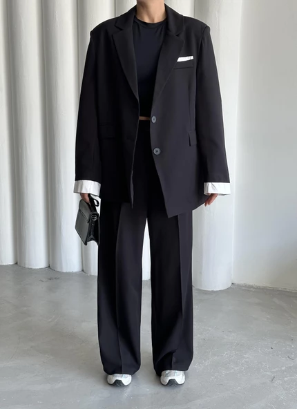 Siyah Gömlek Detaylı Blazer Ceket Pantolon Takım - 3