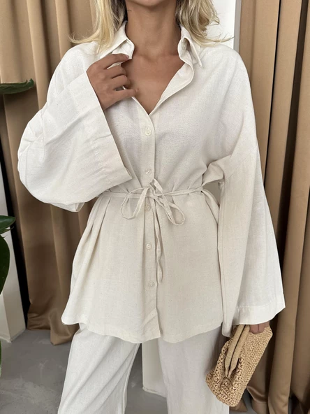 Natural Beli Bağlama İpi Detaylı Geniş Kol Gömlek Pantolon Takım - 3