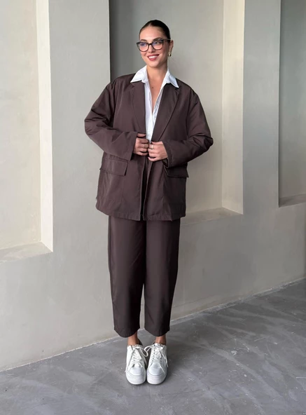 Kahve Holly Cepli Blazer Ceket Pantolon Takım