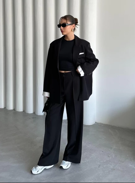 Siyah Gömlek Detaylı Blazer Ceket Pantolon Takım