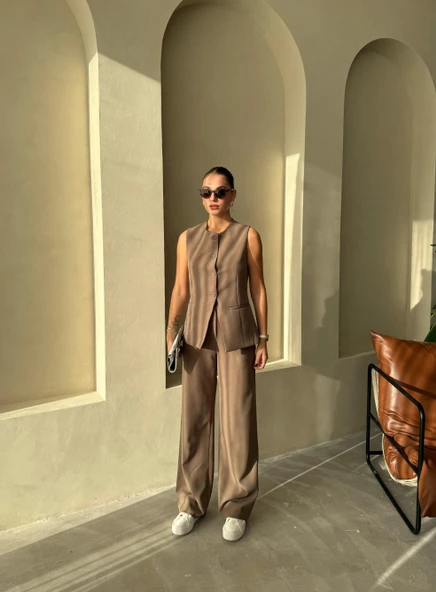 Koyu Kahve Camille Klasik Düğmeli Yelek Pantolon Takım - 7