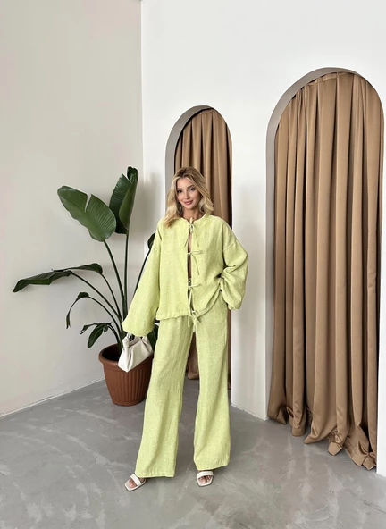 Fıstık Yeşili Önü Bağlamalı Balon Kol Gömlek Pantolon Takım - Resim 6