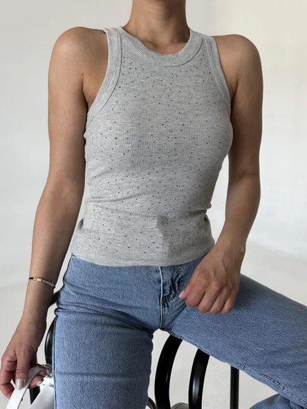 Gri Taşlı Halter Yaka Atlet - 2
