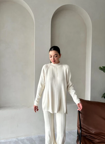 Krem Clara Çimalı Pantolon Triko Takım - 8
