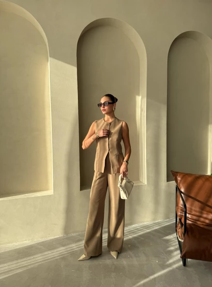 Haki Camille Klasik Düğmeli Yelek Pantolon Takım - 6