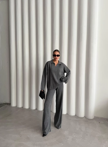 Antrasit Freya Polo Yaka Fitilli Triko Takım - Resim 8