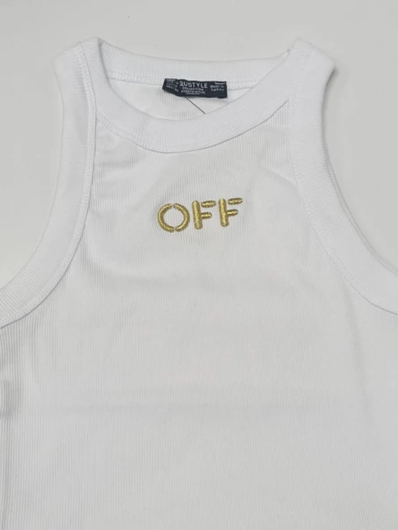 Beyaz-Gold Halter Yaka Off Simli Nakışlı Atlet