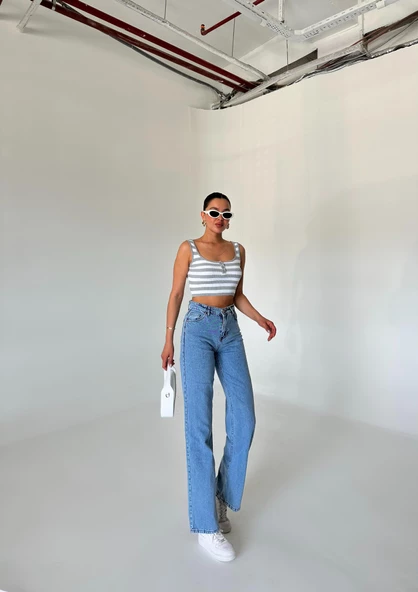 Gri-Ekru Düğmeli Çizgili Crop Atlet - 6