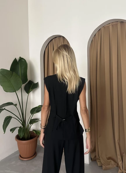 Siyah Poliviskon Cepli Yelek Palazzo Pantolon Takım - 10