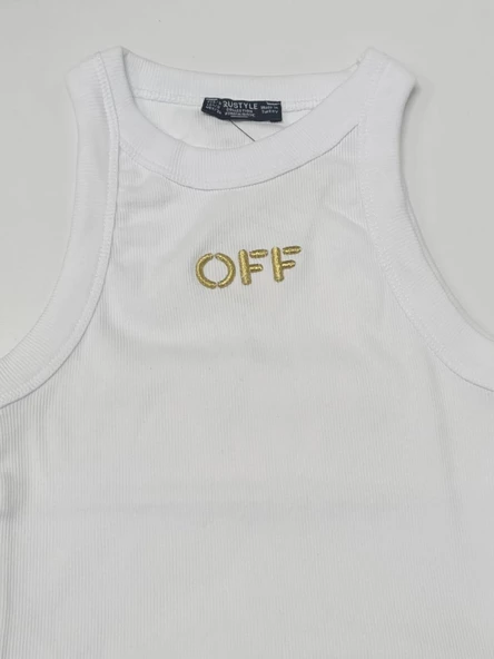 Beyaz-Gold Halter Yaka Off Simli Nakışlı Atlet - 3