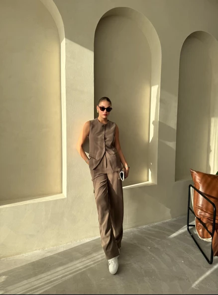 Koyu Kahve Camille Klasik Düğmeli Yelek Pantolon Takım - 10