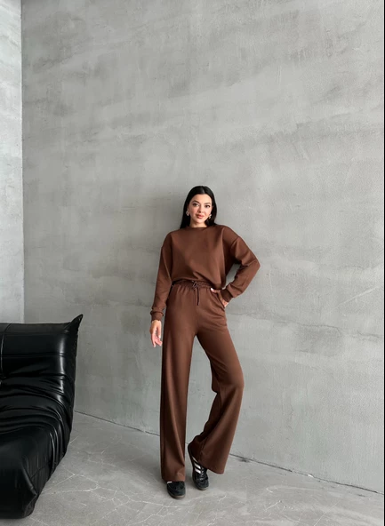Kahve Sweat Geniş Paçalı Pantolon Takım - Resim 8