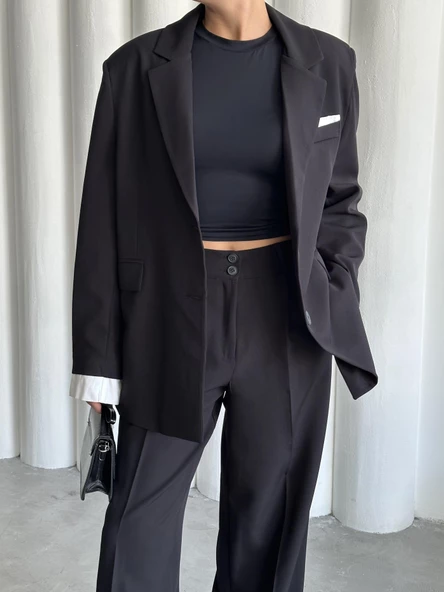 Siyah Gömlek Detaylı Blazer Ceket Pantolon Takım - 2