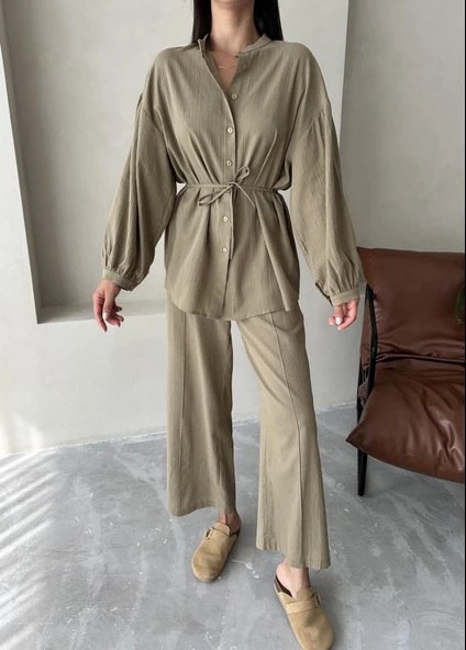 Haki Vanessa Bel Bağlı Balon Kol Takım - 3