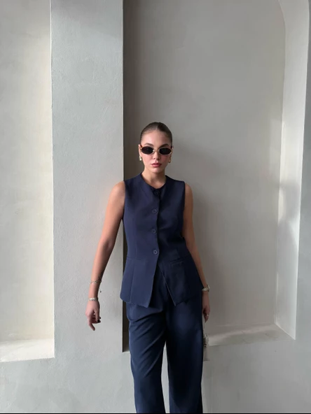 Lacivert Camille Klasik Düğmeli Yelek Pantolon Takım - 11