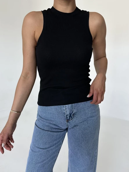 Siyah Halter Yaka Fitilli Atlet - 2