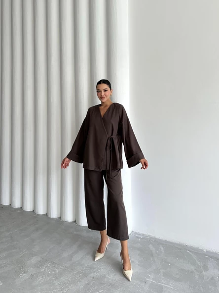Kahve Lisa Yan Bağlamalı Pantolon Takım - 5