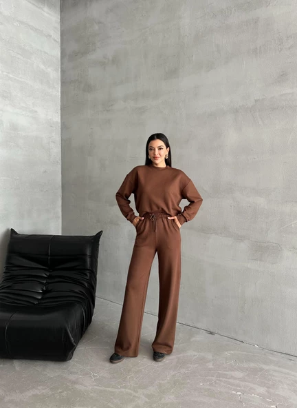 Kahve Sweat Geniş Paçalı Pantolon Takım - Resim 4
