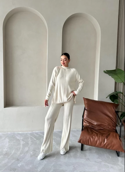 Krem Clara Çimalı Pantolon Triko Takım - 7