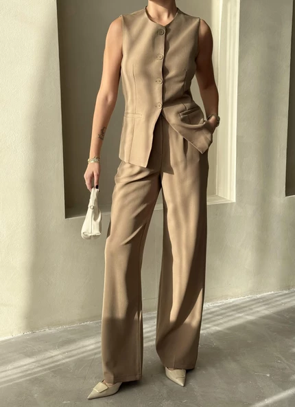 Haki Camille Klasik Düğmeli Yelek Pantolon Takım - 3