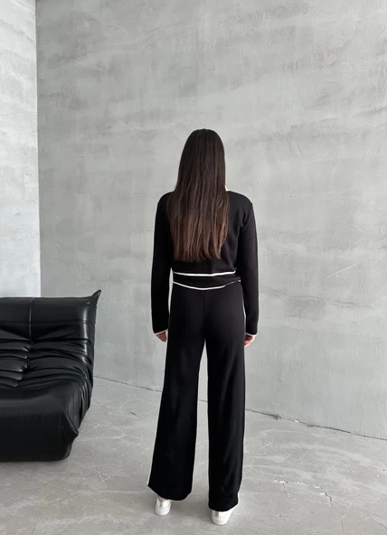 Siyah Classy Polo Yaka Kontrast Şeritli Triko Takım - 9