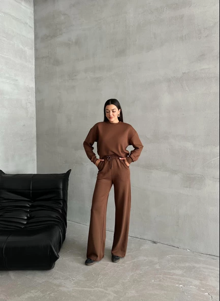 Kahve Sweat Geniş Paçalı Pantolon Takım - Resim 5