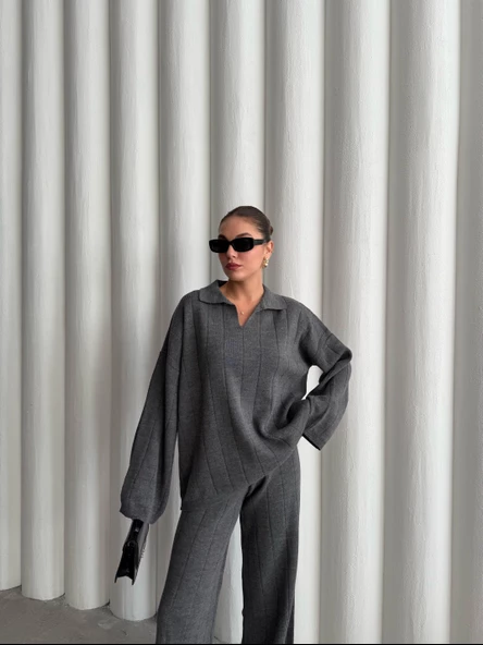 Antrasit Freya Polo Yaka Fitilli Triko Takım - Resim 9